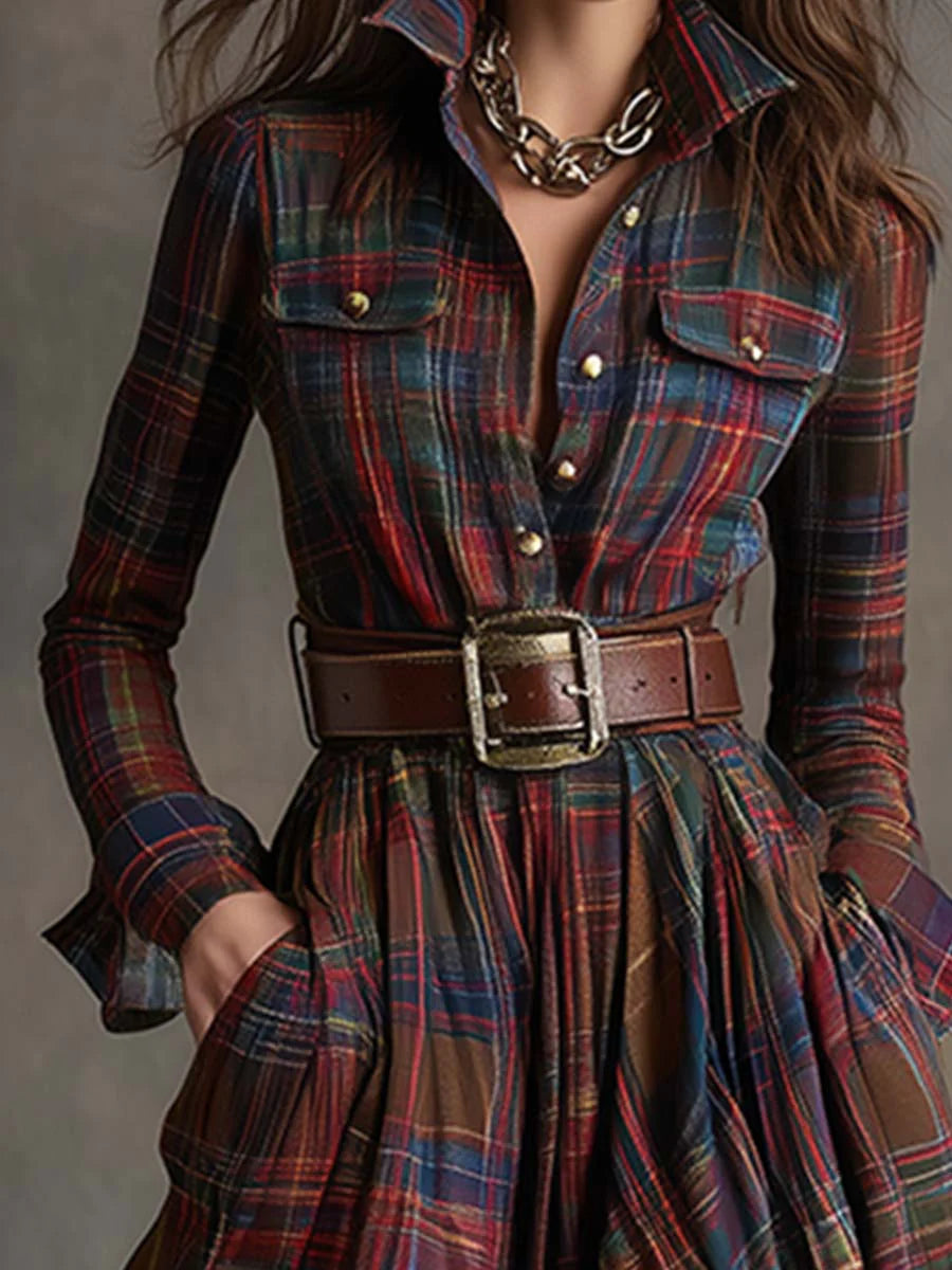 Women's Plaid Maxi Shirt Dress, Belted, Long Sleeves