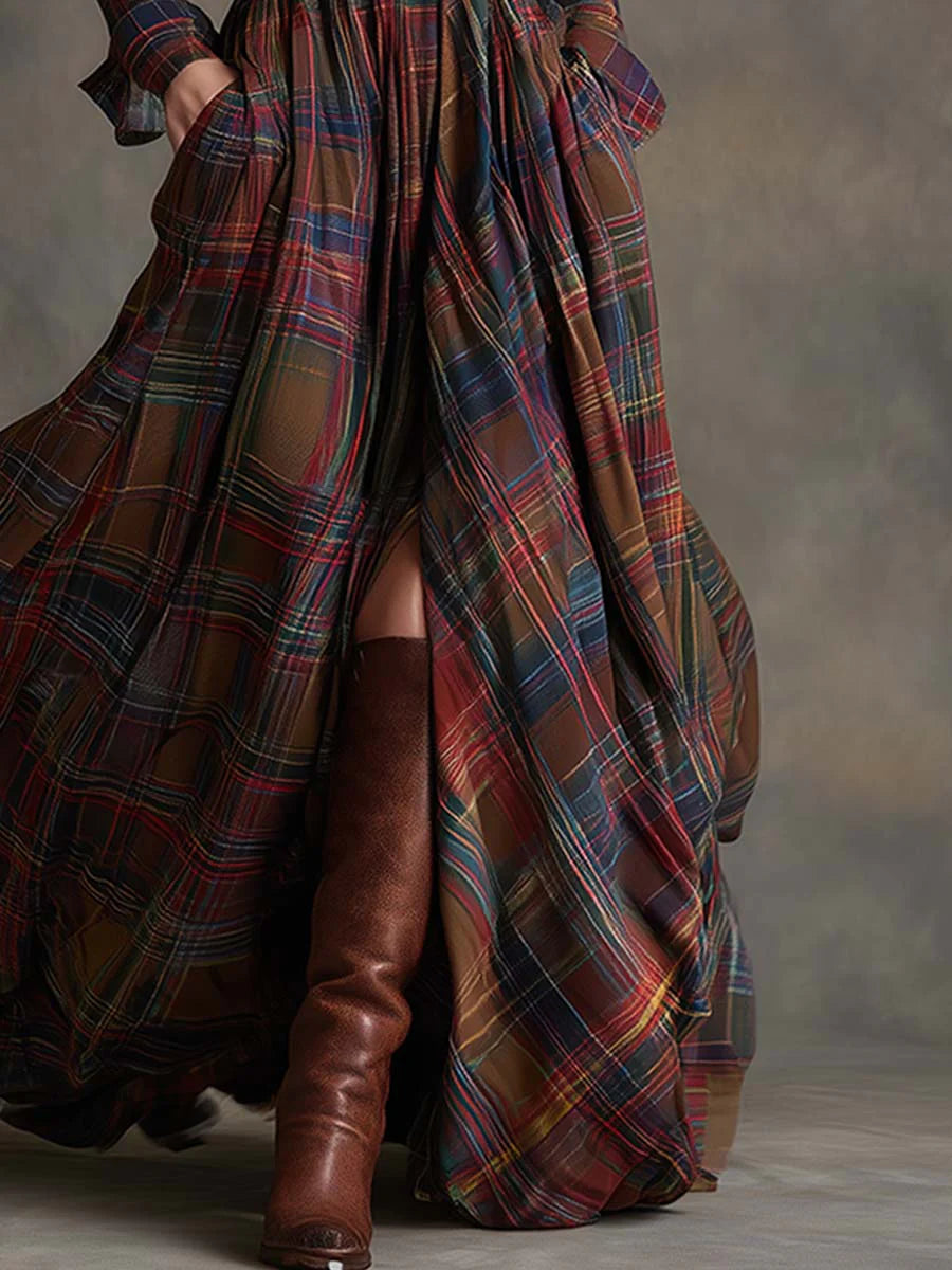 Women's Plaid Maxi Shirt Dress, Belted, Long Sleeves