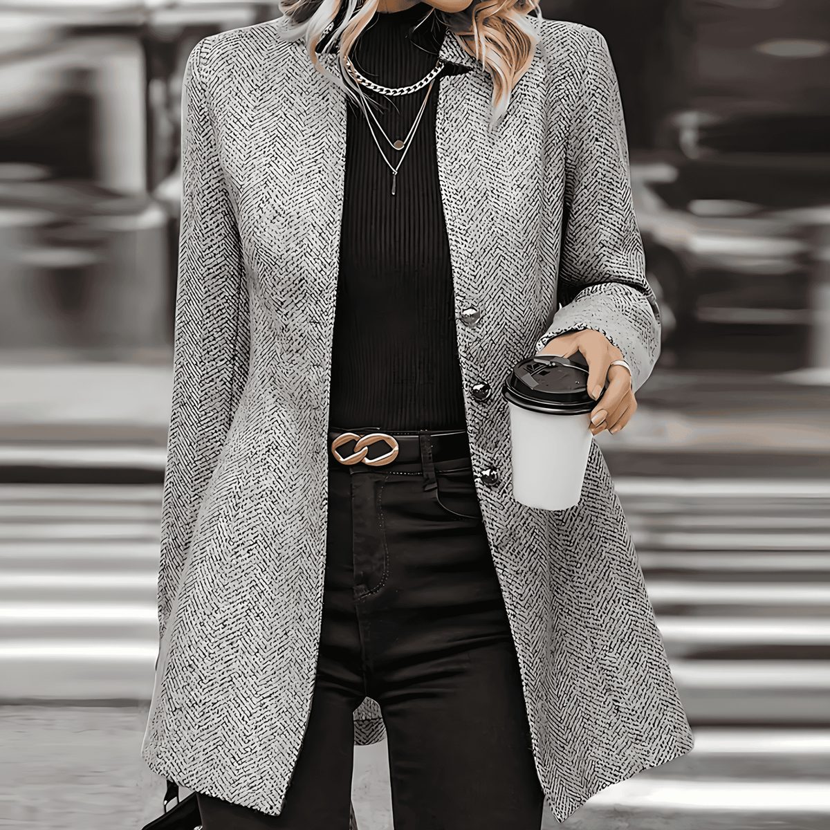 Women's Herringbone Longline Blazer Open Front Coat