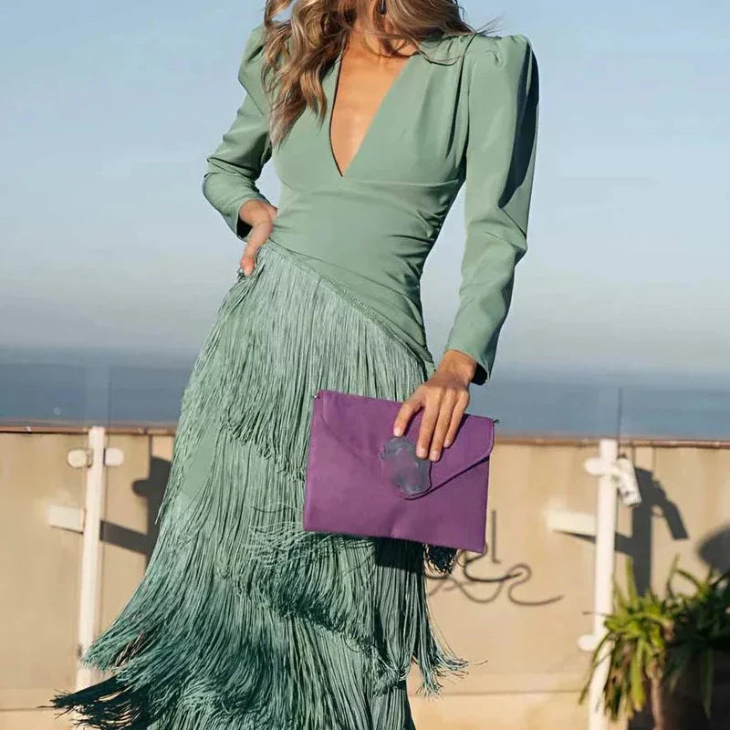 Women's Evening Dress with V-neck and Pleated Tassel Hem