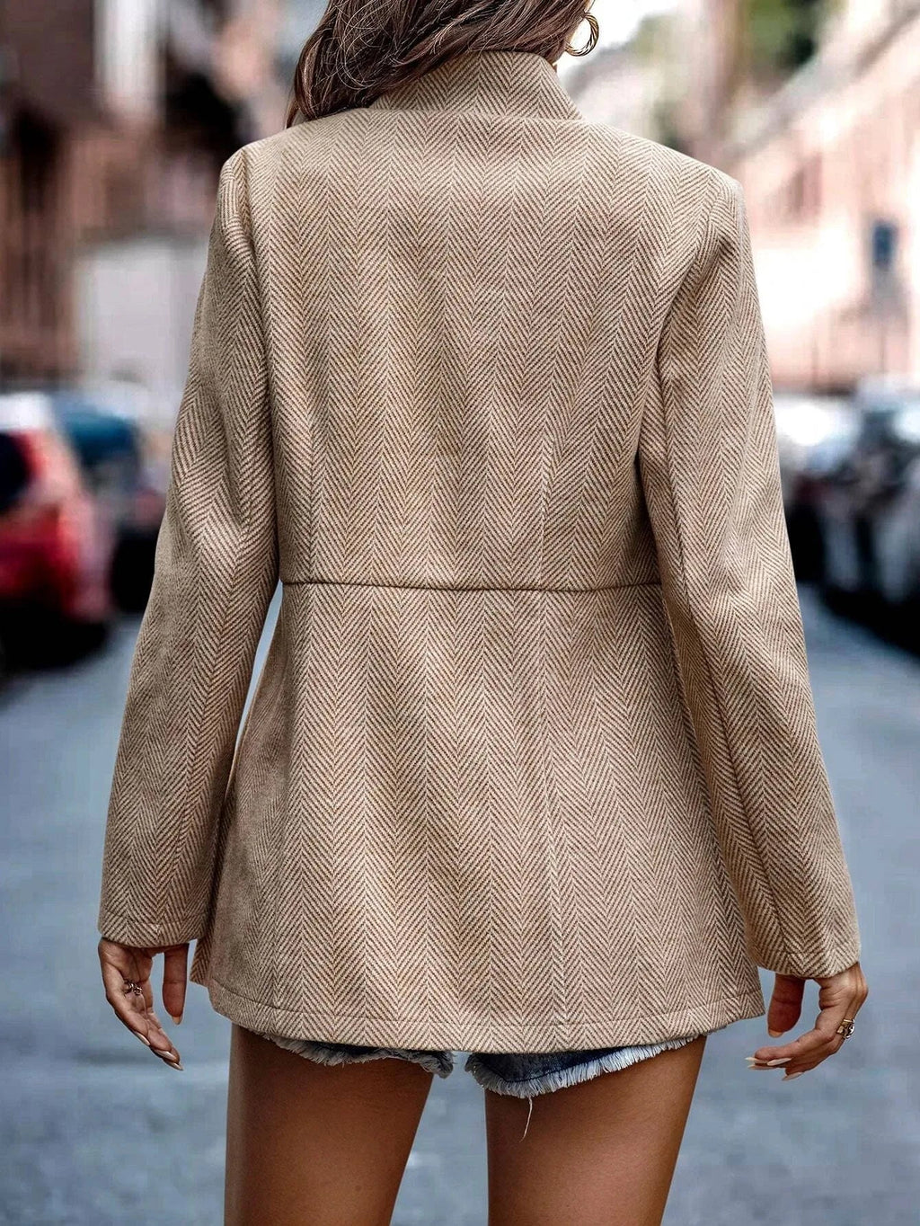 Women's Herringbone Blazer with Notch Lapel and Belted Waist