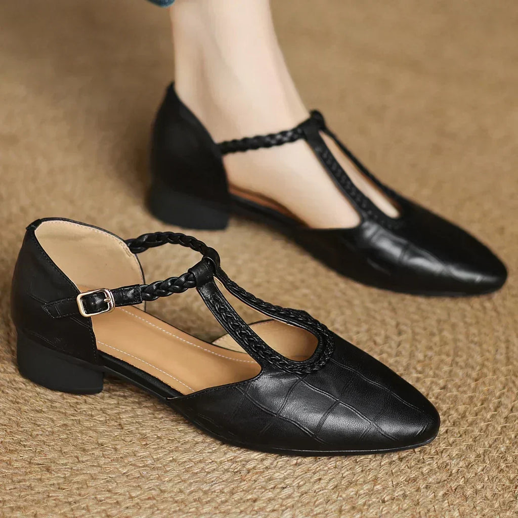 Women's Leather T-Strap Mary Jane Flats with Pointed Toe and Cushioned Sole