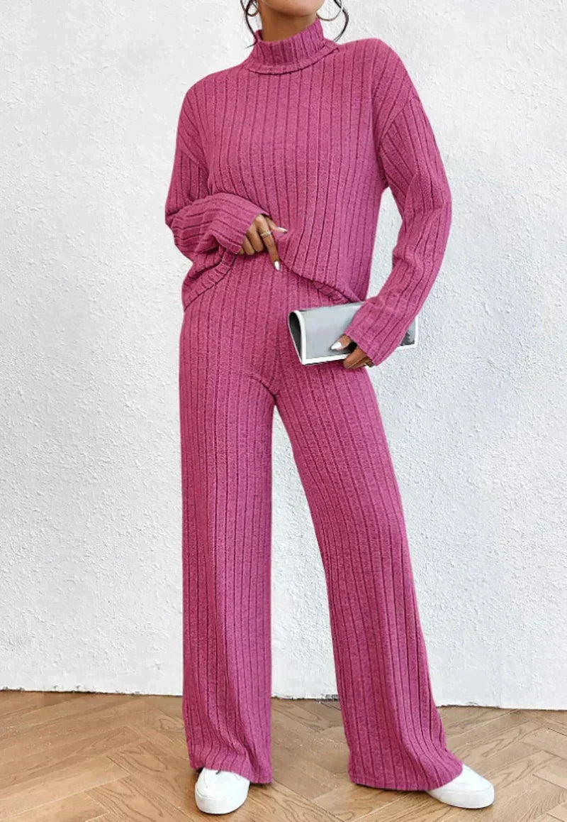 Women's Ribbed Turtleneck Sweater and Wide-Leg Pants Set