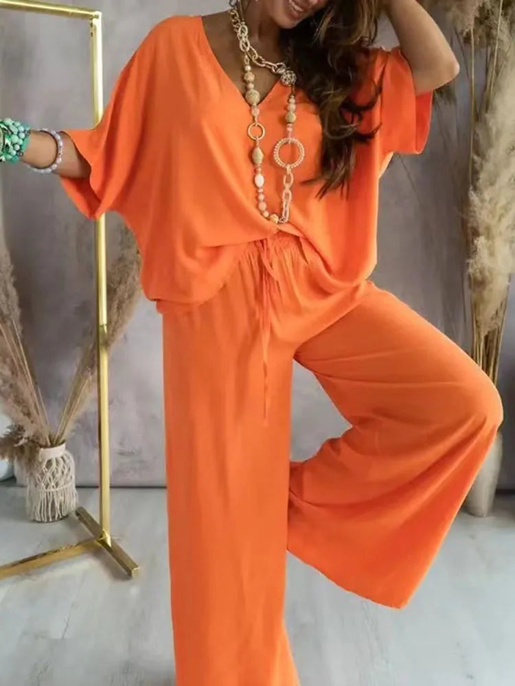 Women's Two-Piece Set with V Neck and Bat Sleeves