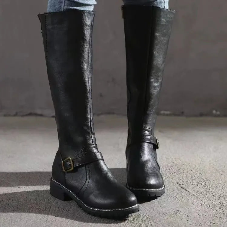 Women's Knee-High Boots with Buckle Strap and Side Zip