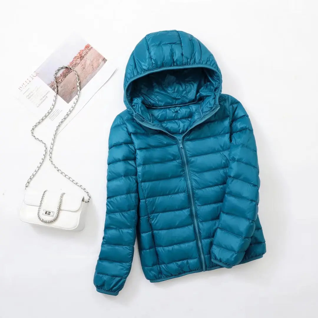 Women's Lightweight Hooded Puffer Jacket with Zipper Front
