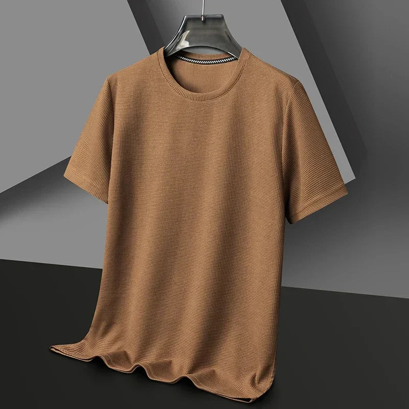 Montarello Men's Waffle-Knit Crew Neck Relaxed Fit Short-Sleeve T-Shirt