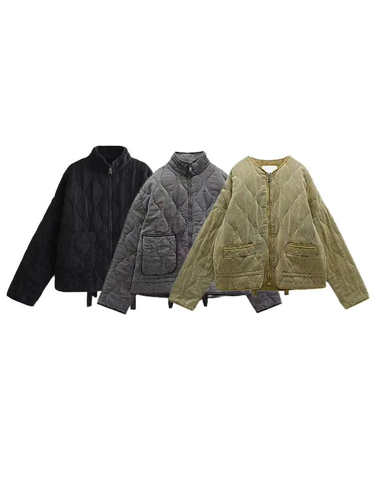 Women's Quilted Oversized Jacket with Front Zip