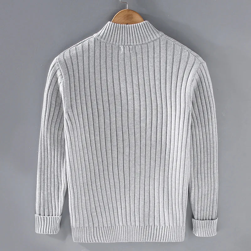 Men's Ribbed Zip Cardigan, Mock Collar, Long Sleeves