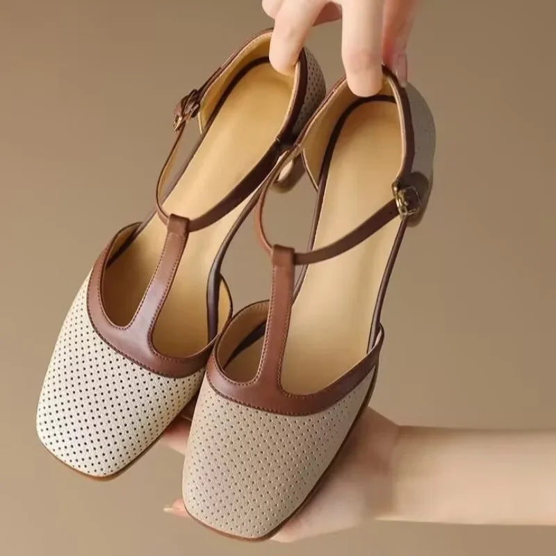 Women's Leather Mid Heel Shoes with Square Toe and Perforated Design