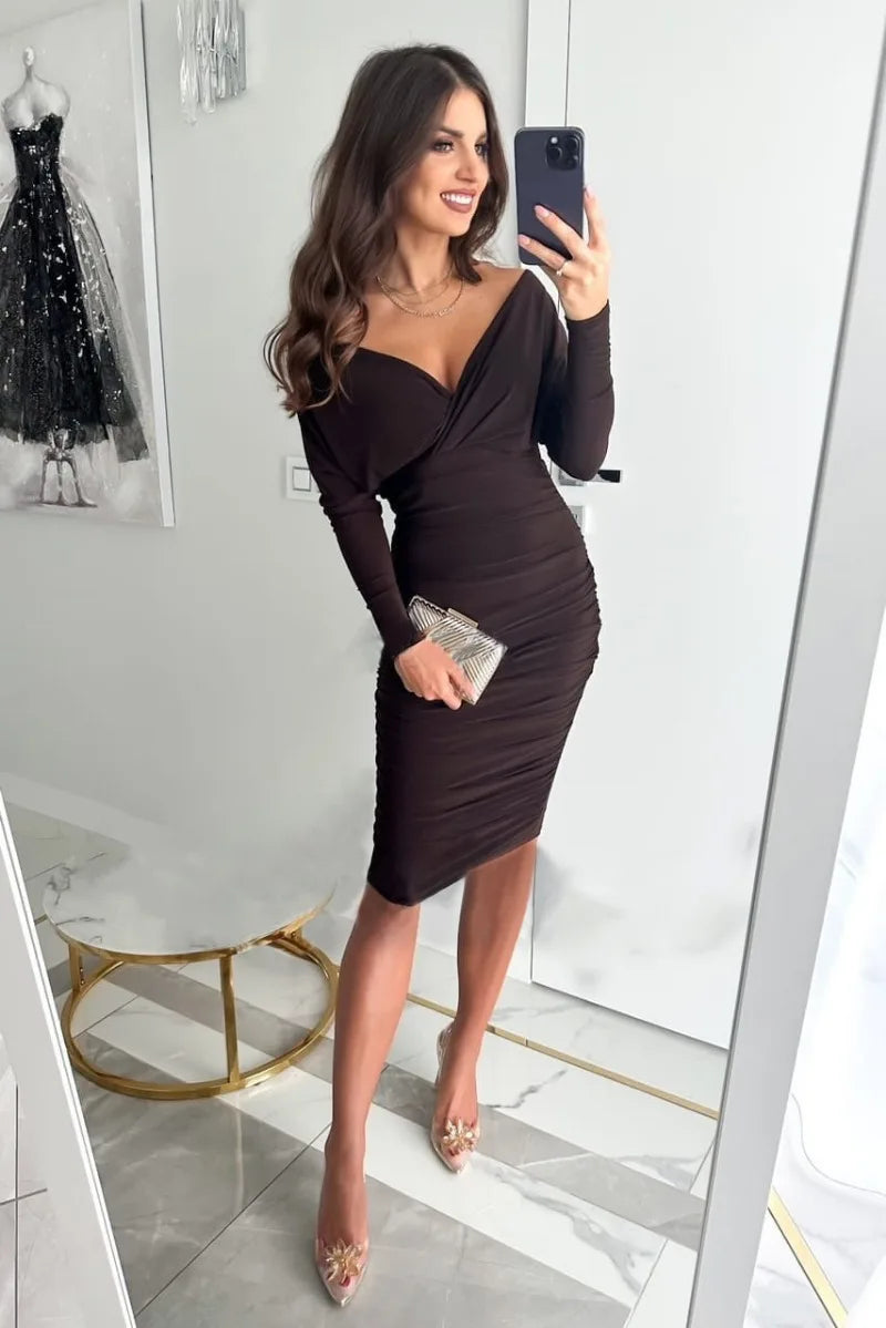 Women's Wrap V-Neck Long Sleeve Ruched Bodycon Dress