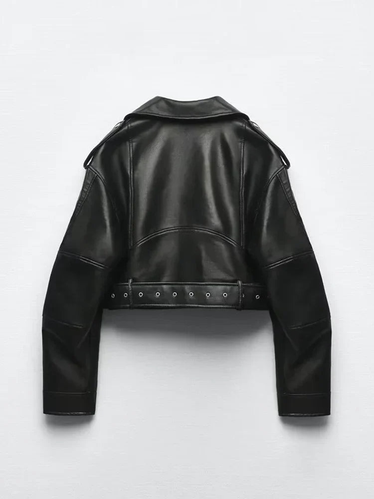 Montarello Women's Leather-Look Belted Biker Jacket