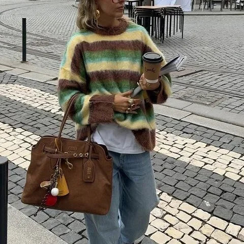 Women's Striped Crew Neck Sweater, Long Sleeves, Oversized Fit