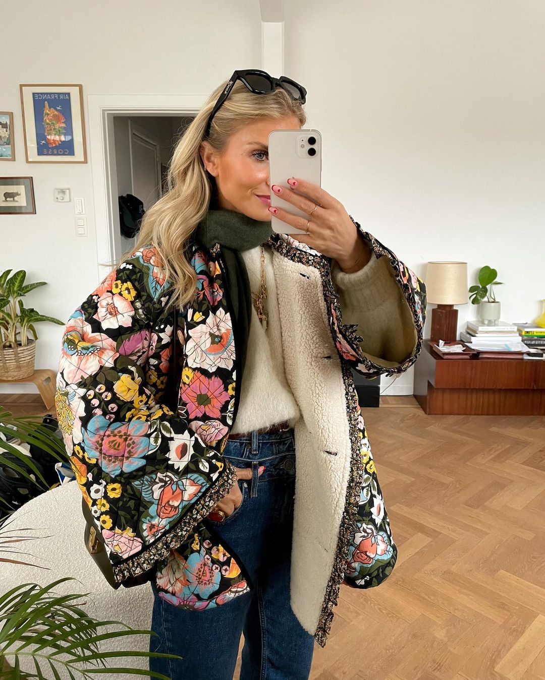 Women's Floral Quilted Jacket with Contrast Border Trim