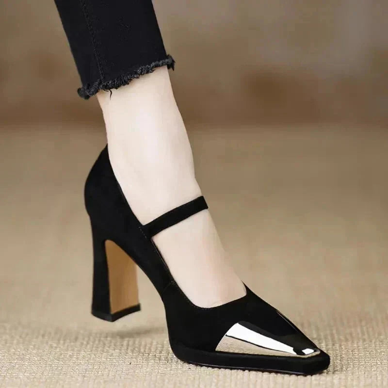 Women's Mary Jane High Heel Pumps with Patent Cap Toe and Block Heel