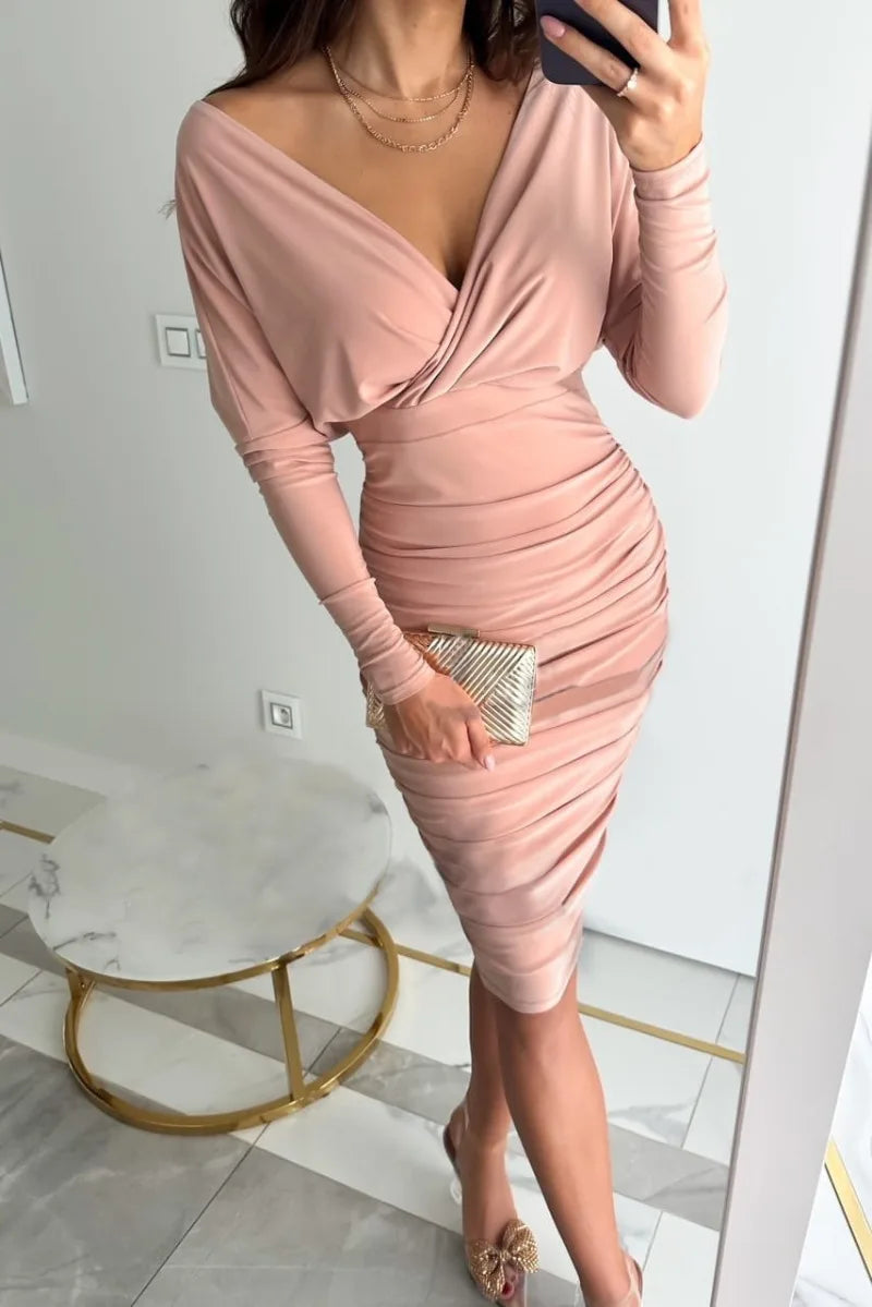 Women's Wrap V-Neck Long Sleeve Ruched Bodycon Dress