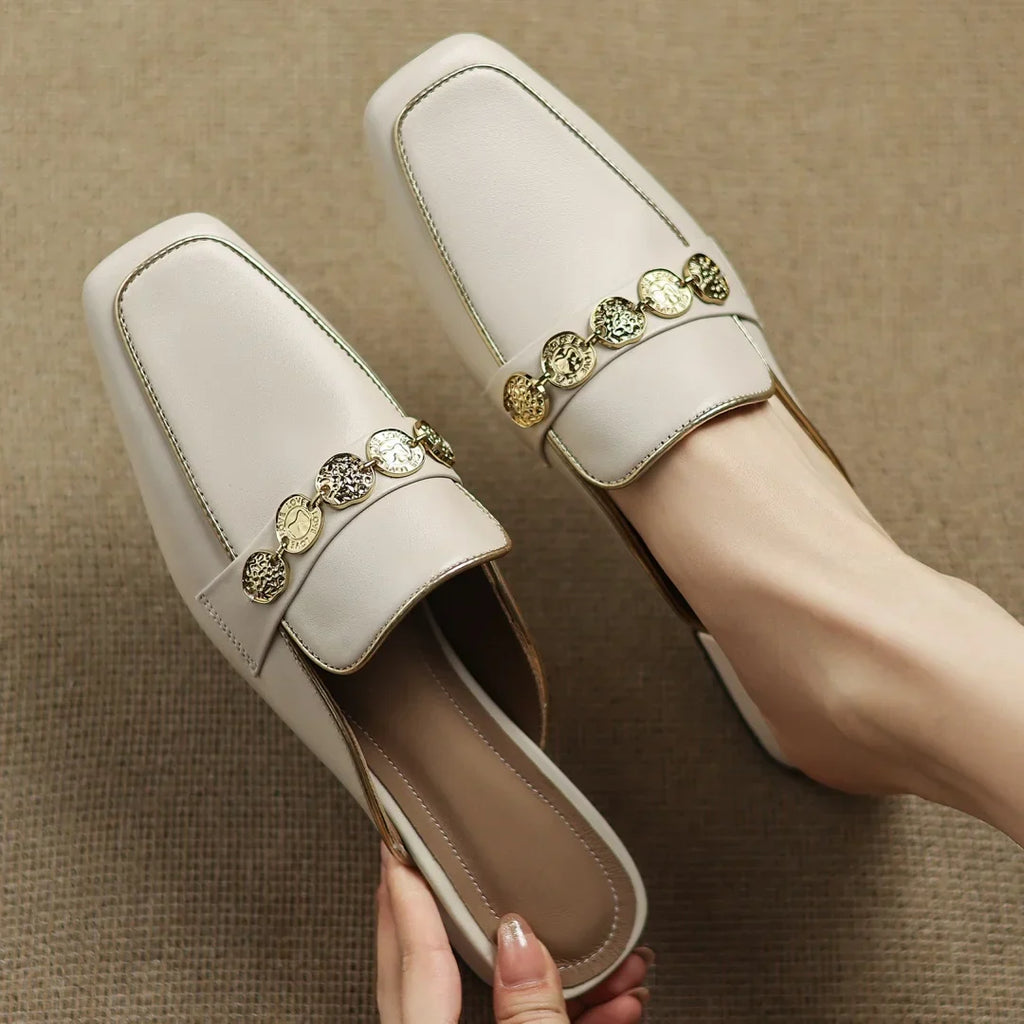 Women's Block Heel Mules with Gold-Tone Medallion Detail