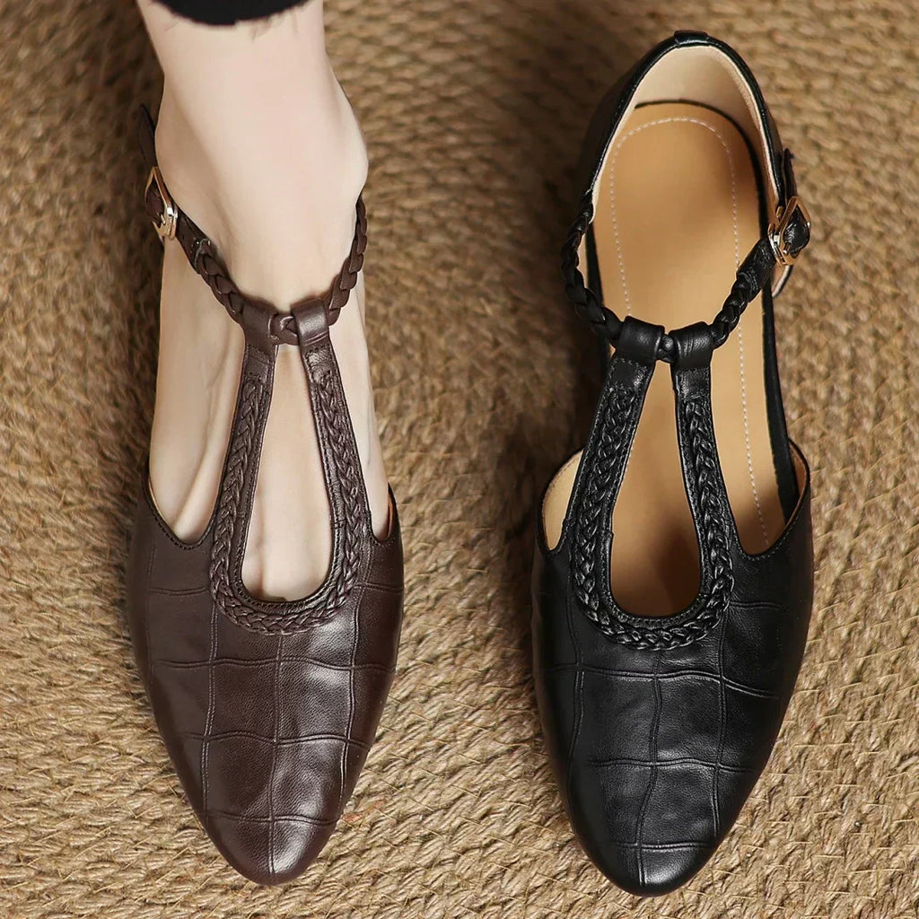 Women's Leather T-Strap Mary Jane Flats with Pointed Toe and Cushioned Sole