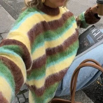 Women's Striped Crew Neck Sweater, Long Sleeves, Oversized Fit
