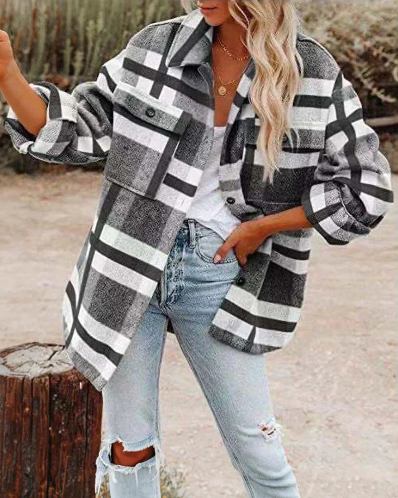Women's Plaid Shacket with Button Front and Oversized Fit