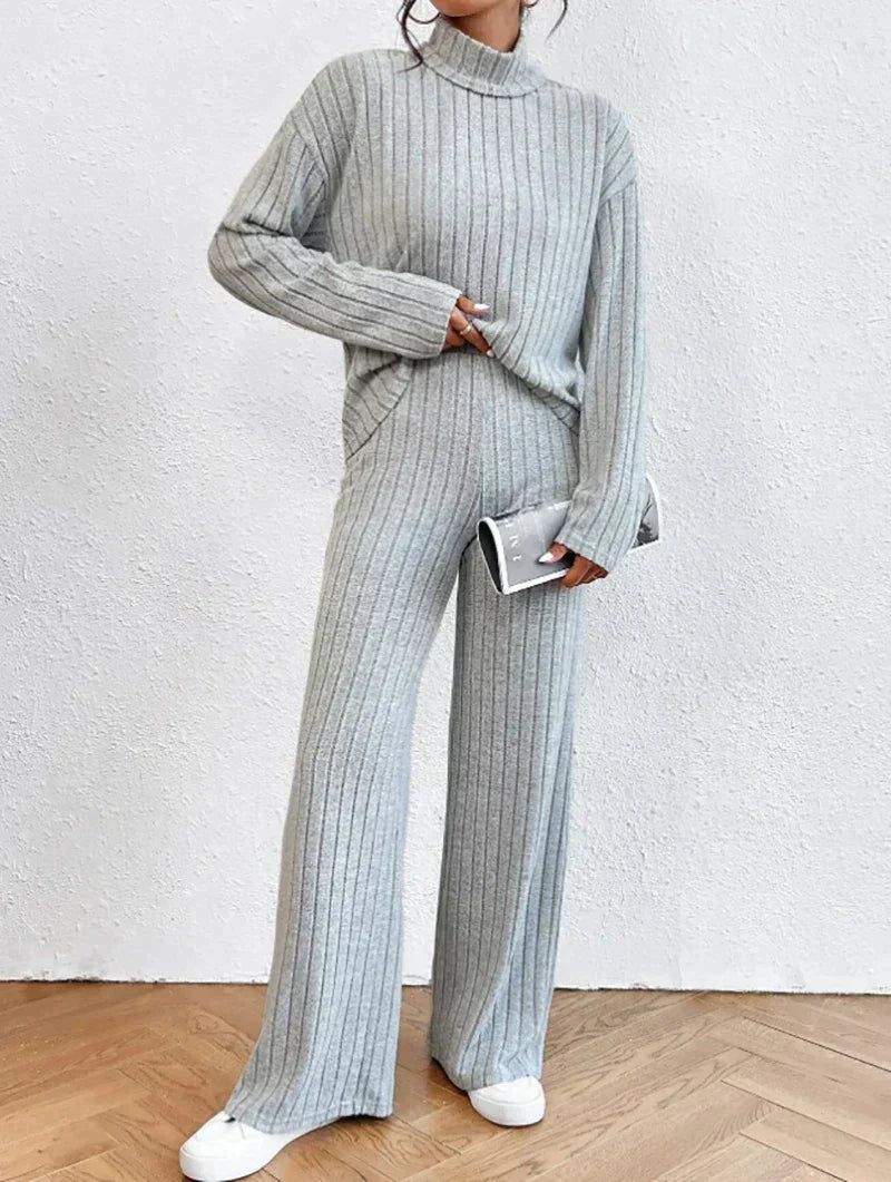 Women's Ribbed Turtleneck Sweater and Wide-Leg Pants Set