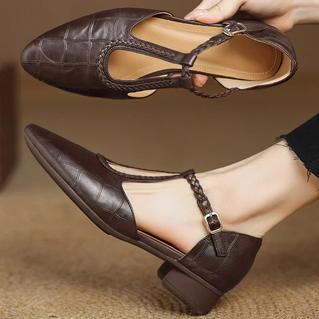 Women's Leather T-Strap Mary Jane Flats with Pointed Toe and Cushioned Sole