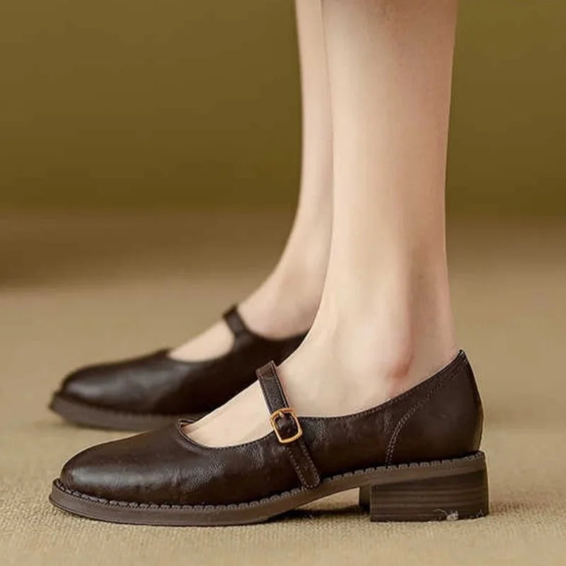 Women's Leather Mary Jane Shoes with Low Block Heel and Adjustable Strap
