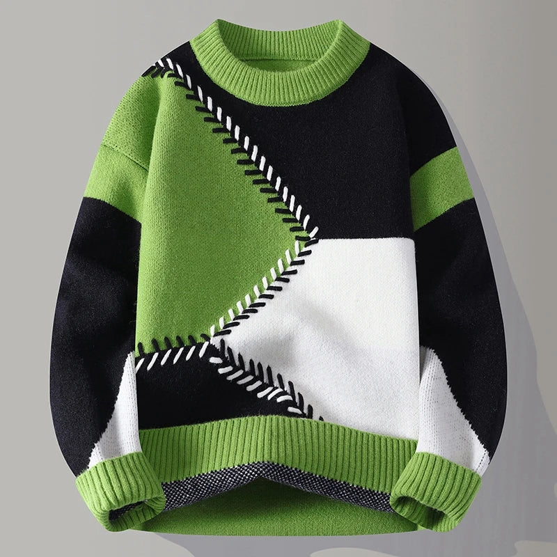 Unisex Geometric Patchwork Crew Neck Sweater, Long Sleeves
