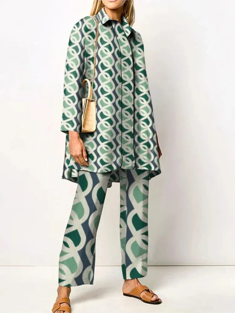 Women's Geometric Two-Piece Set, Collared Blouse, Wide-Leg Trousers