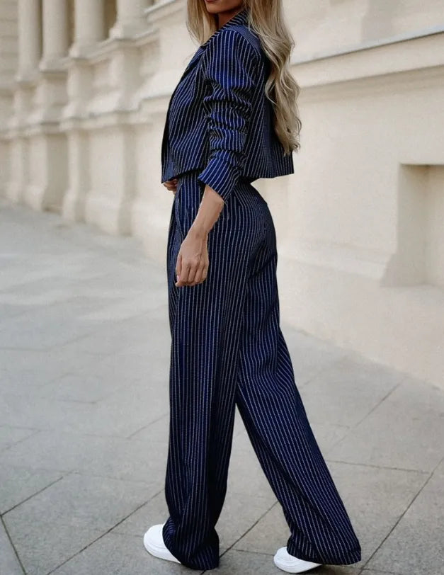Women's Pinstripe Blazer and Wide-Leg Pants Set