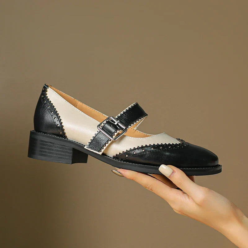 Women's Two-Tone Leather Mary Jane Shoes with Brogue Scalloped Edging and T-Strap Buckle