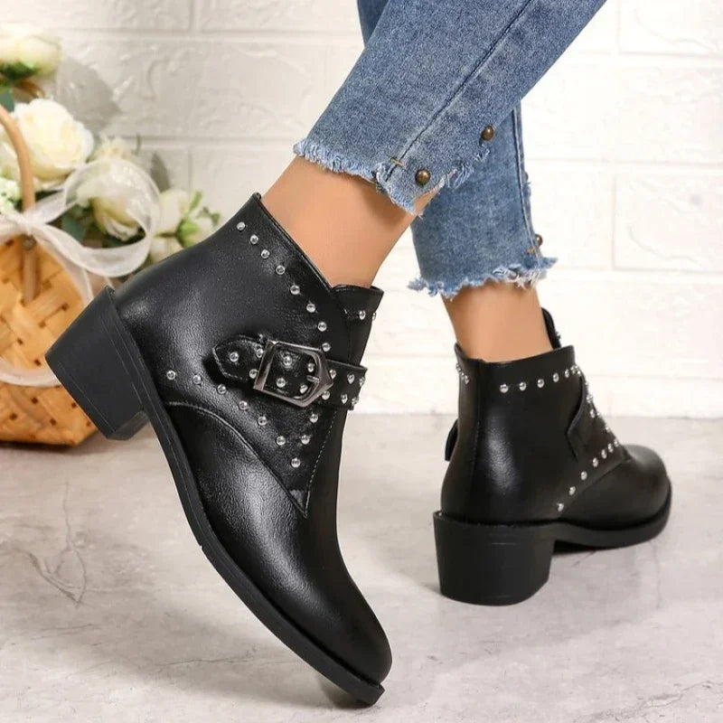 Women's Studded Ankle Boots with Block Heel and Buckle Strap