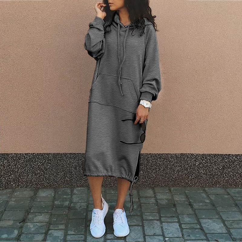 Women's Midi Hoodie Dress with Kangaroo Pocket Relaxed