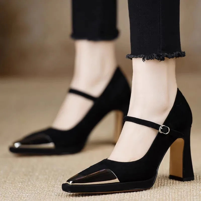Women's Mary Jane High Heel Pumps with Patent Cap Toe and Block Heel