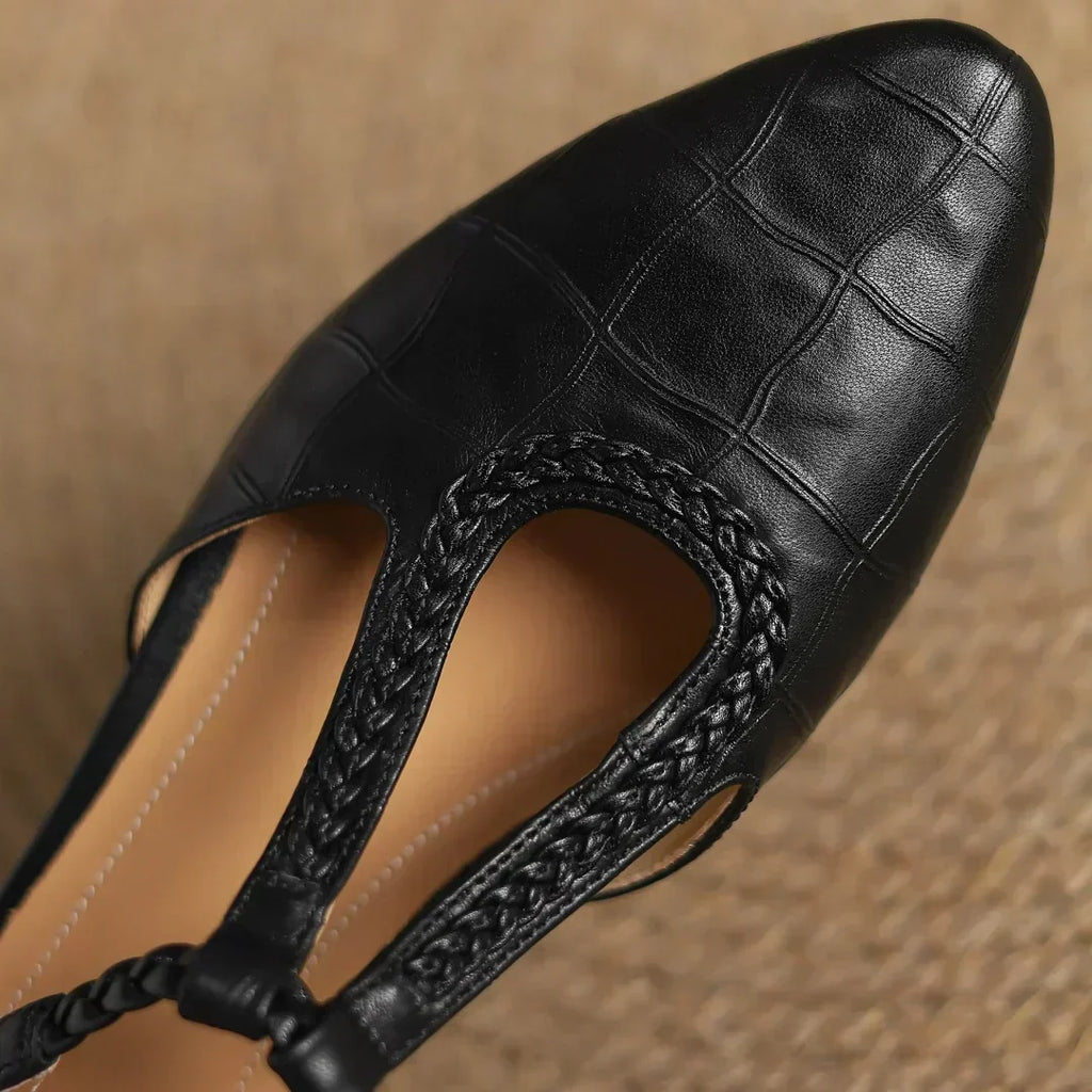 Women's Leather T-Strap Mary Jane Flats with Pointed Toe and Cushioned Sole