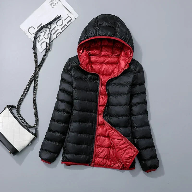 Women's Lightweight Hooded Puffer Jacket with Zipper Front