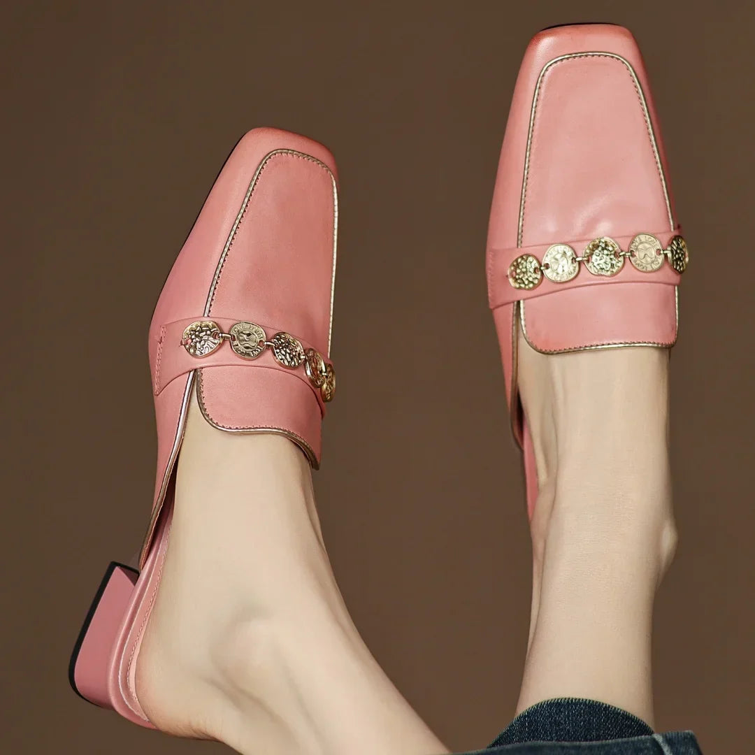 Women's Block Heel Mules with Gold-Tone Medallion Detail