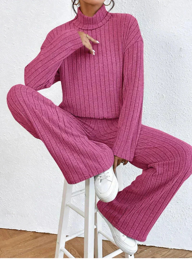 Women's Ribbed Turtleneck Sweater and Wide-Leg Pants Set