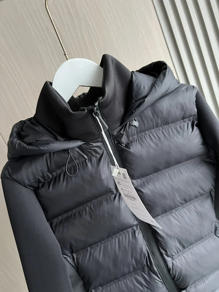 Women's Black Hooded Puffer Jacket, Cropped, Fitted, Zip