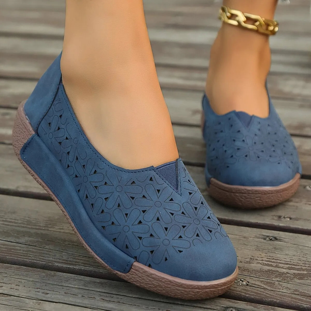 Women's Leather Loafers with Cushioned Wedge Sole and Slip-On Design