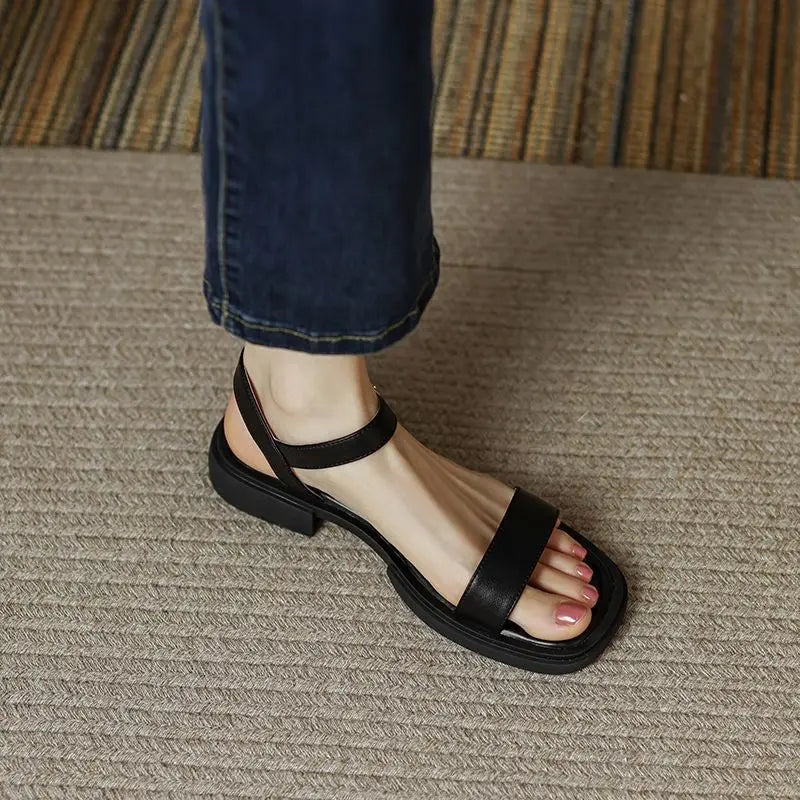Women's Vegan Leather Sandals with Low Block Heel and Adjustable Strap