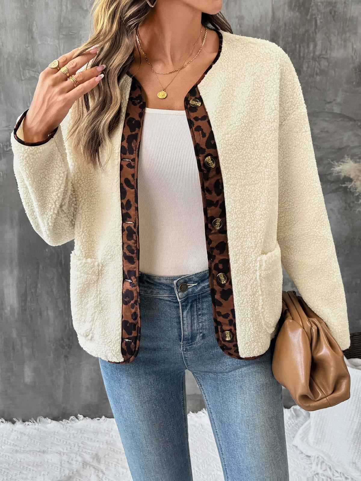 Women's Leopard Trim Teddy Cardigan Collarless