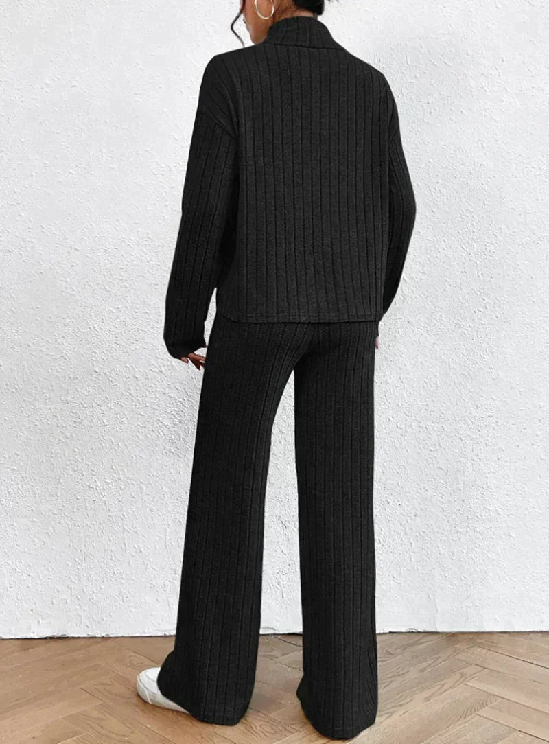 Women's Ribbed Turtleneck Sweater and Wide-Leg Pants Set