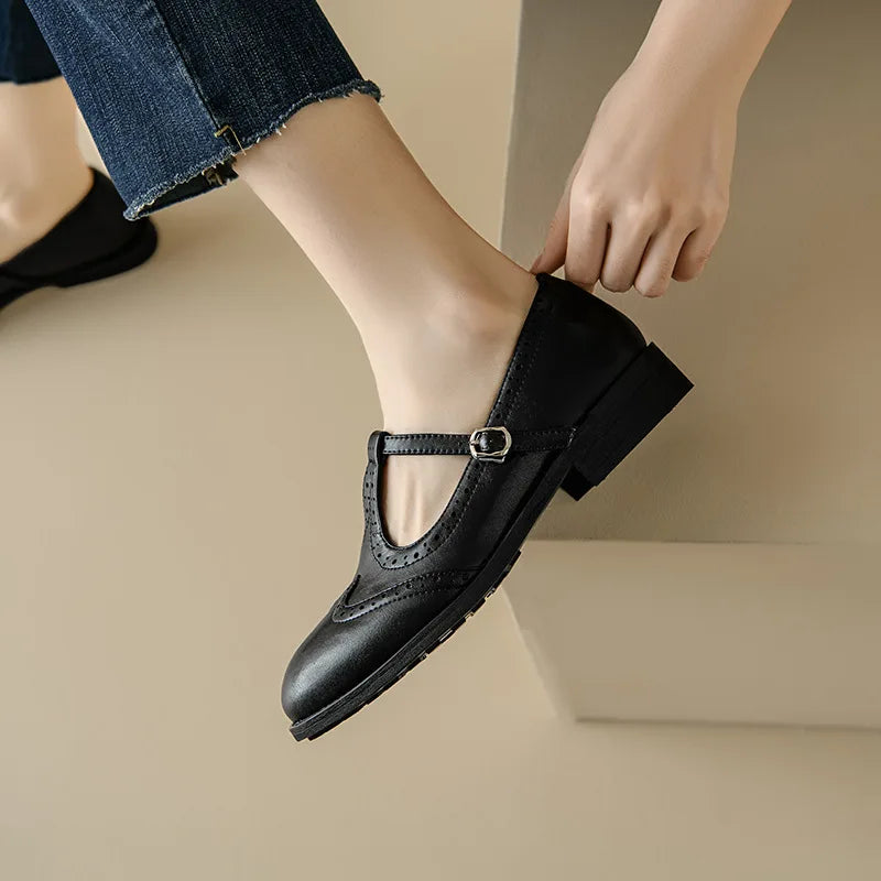Women's T-Strap Mary Jane Shoes with Low Block Heel and Buckle