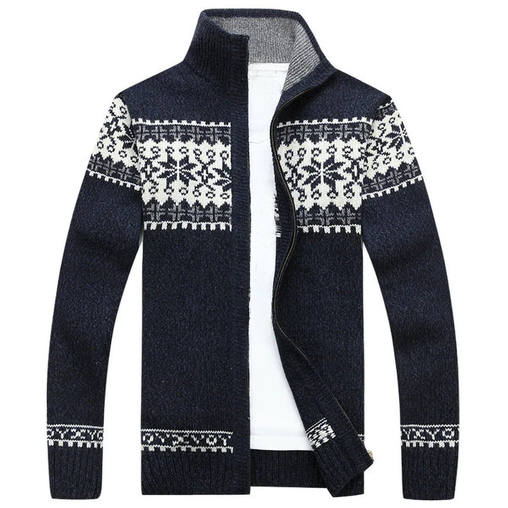 Men's Patterned Knit Cardigan, High Collar, Zip Front