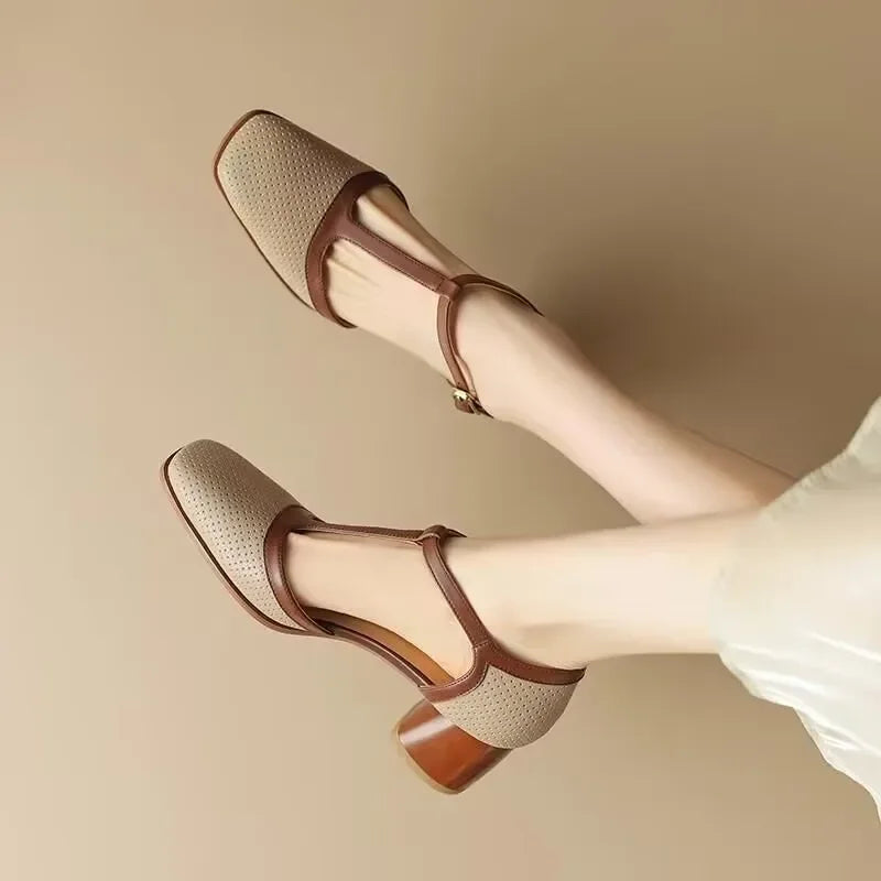 Women's Leather Mid Heel Shoes with Square Toe and Perforated Design