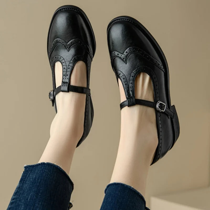 Women's T-Strap Mary Jane Shoes with Low Block Heel and Buckle