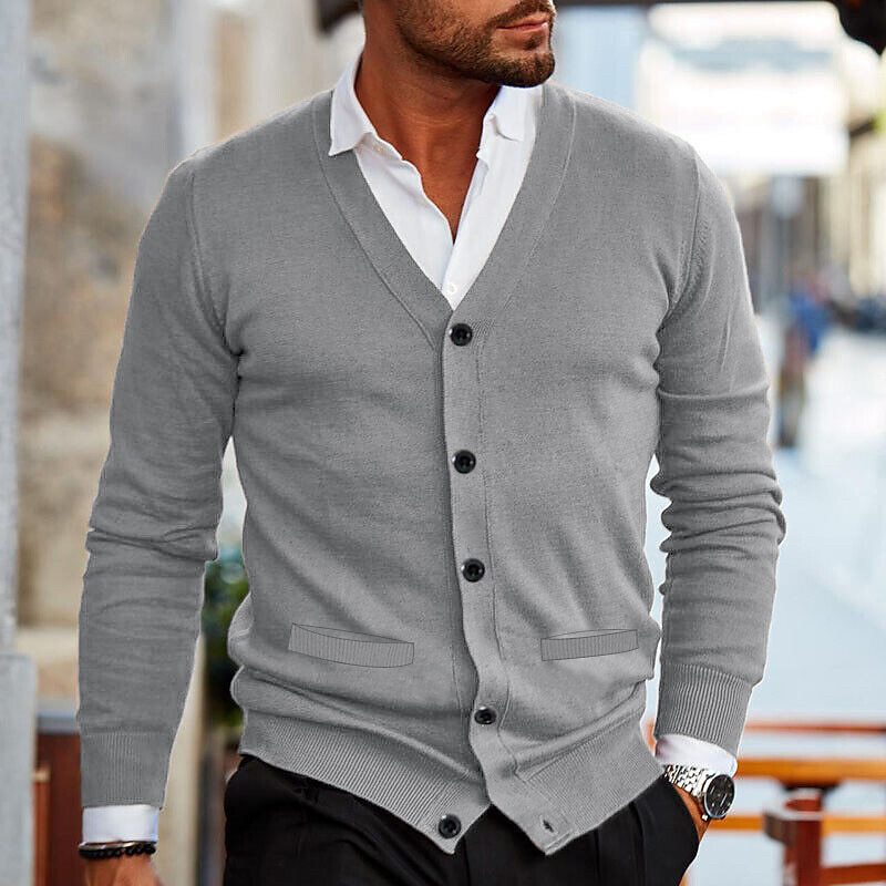 Men's V-Neck Button Cardigan, Long Sleeves, Ribbed Trim