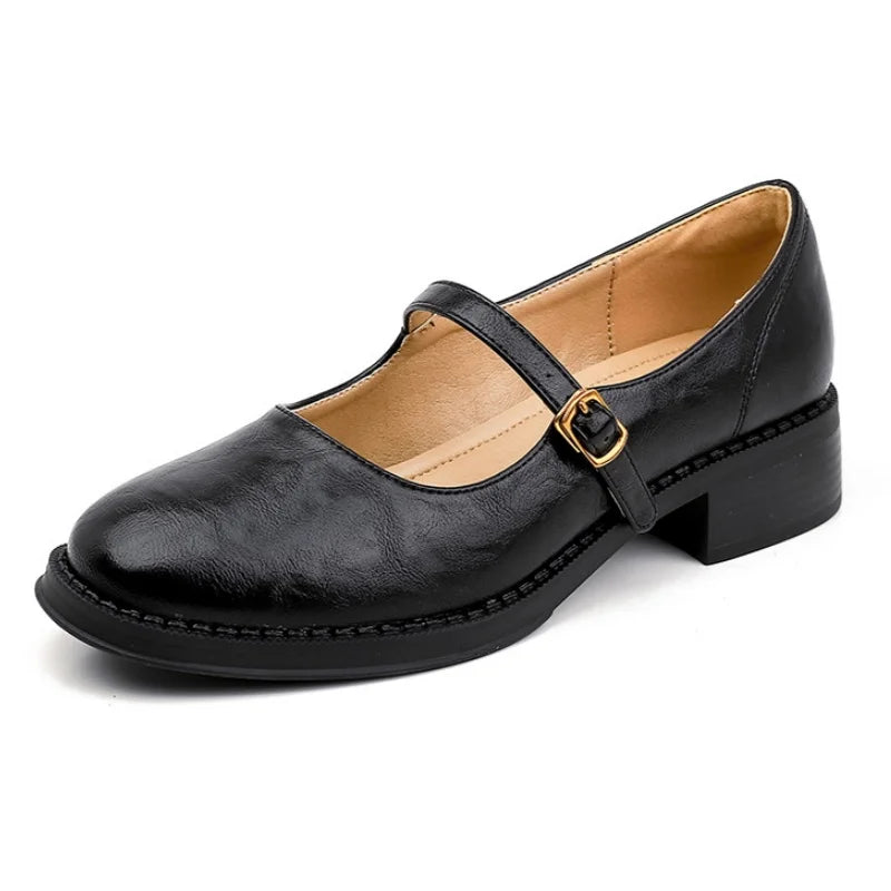 Women's Leather Mary Jane Shoes with Low Block Heel and Adjustable Strap