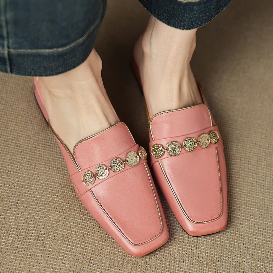 Women's Block Heel Mules with Gold-Tone Medallion Detail